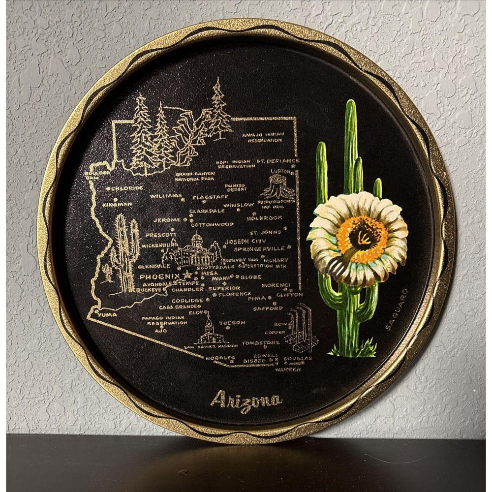 Vintage Arizona State Round Serving Tin 11" Platter Metal Souvenir Tray